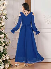 Modelyn Women's Solid Color Long Sleeve Long Dress, Simple Fashionable Casual Everyday Wear - Blue - View 2