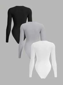 SHEIN BASICS Bộ 3 món đồ liền thân màu trơn đơn giản ôm vừa vặn tay dài cổ kim cương cho nữ - Màu Xám nhạt - Xem 2