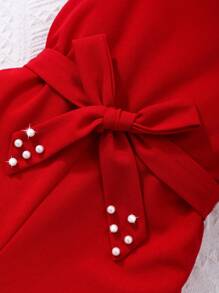 Conjunto de tirantes de unicolor elegante con perlas y lazo para niña preadolescente con cinturón, para verano, ropa para niña de color rojo, para vacaciones, verano, viajes