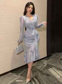 DAZY Women's V Neck Floral Mesh Lace Up Ruched Fishtail Midi Dress Prom Dress,Ruffle,Fall Dress - Blue - View 8