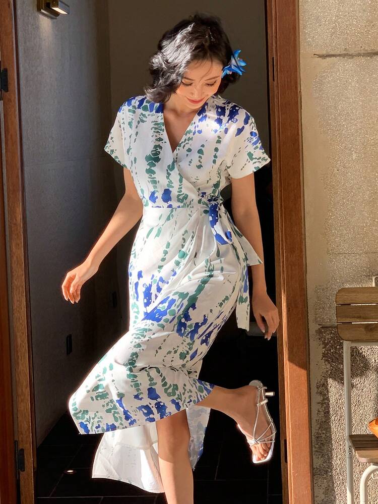 Women's V-Neck Tie Waist Floral Midi Dress Sundress Boho