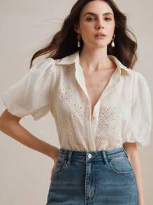 Anewsta Áo kiểu nữ thanh lịch, màu trơn, tay bồng, thêu họa tiết, thích hợp cho mùa xuân và mùa hè. - Màu be - Xem 2