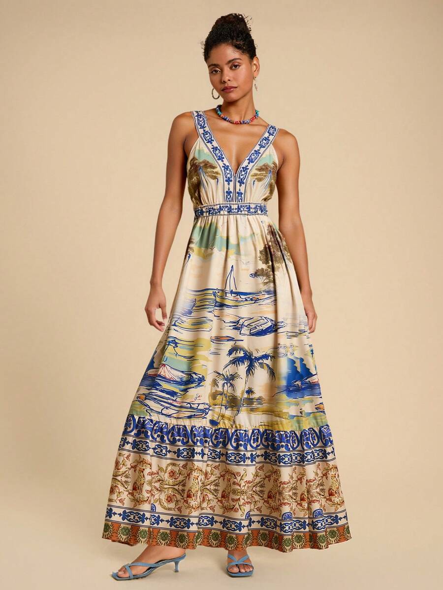 Travachic Robe décontractée sans manches à imprimé tropical, style vacances pour femme - Multicolore - Voir 1