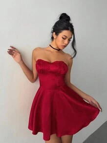 Aloruh 女士性感优雅褶皱胸部修身喇叭迷你连衣裙，腰围可调节，红色，适合派对、约会、情人节 - 紅色 - 查看 7