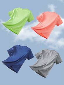 SHEIN Leap Crew 4pcs/Set Tween Boy Sports Logo Elastic Fabric Round Neck Short Sleeve Top, Professional Sports Casual Wear Suitable For Daily, Sports, Spring & Summer, Fitness, Running, Outdoor - Multicolor - View 2