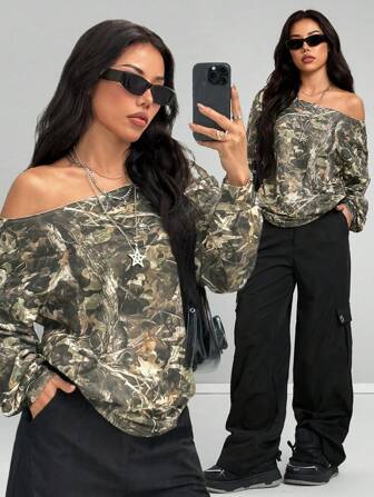 Coolane Tween-Mädchen Dehnbares Off-Shoulder Sweatshirt mit Y2K-Grafiken