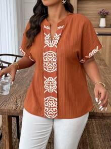 SHEIN Clasi Plus Size Women Casual Floral Embroidered Collar & Cuff Design Blouse - Redwood - View 3