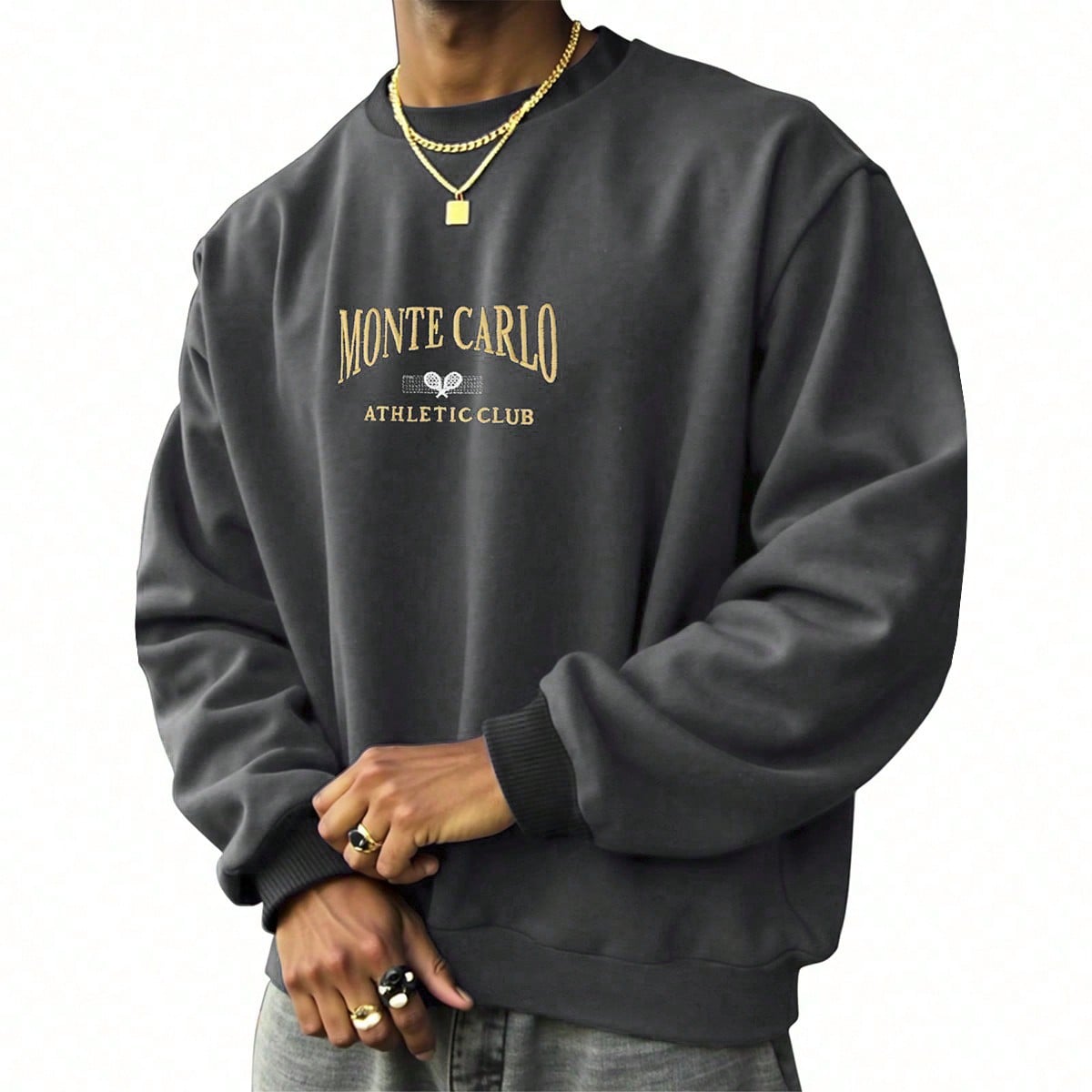 Sudadera con patrón de bordado de letras para hombres, top de manga larga