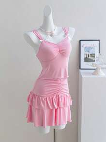 Váy mini màu hồng cho bé gái tuổi teen kèm quần short, bộ áo ba lỗ dệt kim dây nơ, phong cách ngọt ngào & Y2K - Hồng - Xem 3