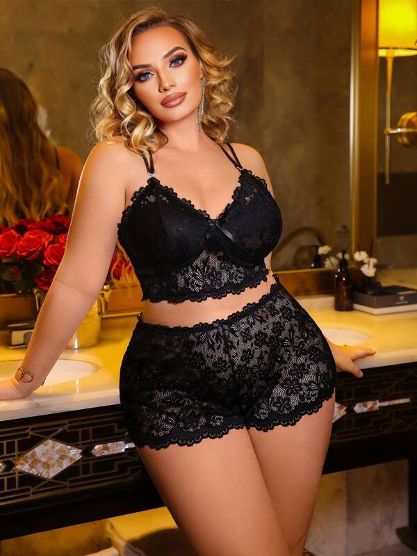 SilkySpell Plus Size Lace Camisole Short Pajama Sets, Sexy & Semi-Sheer
