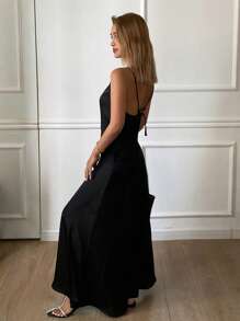 DAZY Einfarbiges plissiertes rückenfrei Camisole Kleid, elegantes langes Damen Lässig Kleid für den Sommer, elegantes Sommerkleid - Schwarz - Übersicht 2