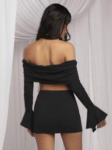 COSMINA 2 pièces Ensemble robe côtelée noire à manches évasées, tenue de resort élégante pour femmes, printemps/été - Noir - Voir 2