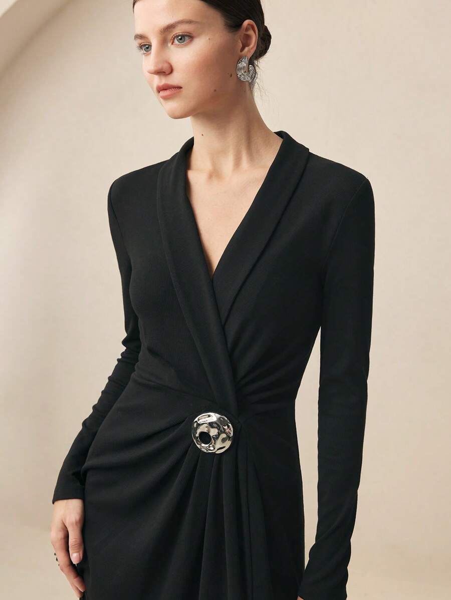 BizChic 优雅白色金属纽扣装饰褶皱女式春夏连衣裙，适合正式场合 - 黑色 - 查看 1