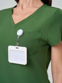 Scrubzie Women Solid Color Short Sleeve Long Pants Nurse Uniform Set Scrub Set Nurse Scrub Tops Scrub Bottoms Running Nurse & Uniform Scrubs Handwashing Pocketed Breathable Brushed Clothing Set Scrub Stretchable Athletic Workwear With Pockets Scrub Top And Pants Set Women's Scrub Set: Notch V-Neck Tuck In Top & Straight Leg Pants Essential Jogger Scrub Set Nursing Uniform Stretch Top & Drawstring Cargo Pants - Army Green - View 3