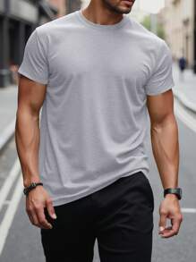Manfinity Homme Men's Casual Round Neck Short Sleeve Simple Top, Daily Wear Men Plain T-Shirts Tee - Light Grey - View 1
