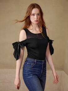 MOTF CONTRAST MESH BOW DETAIL T-SHIRT