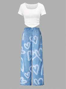 Wildeya Tween-Mädchen 2-teiliges Set mit einfarbigem, asymmetrischem Kurzarm-T-Shirt und langen Hosen in Denim-Optik mit Herz-Print