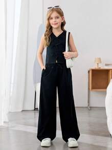 SHEIN Leap Crew Tween 女童时尚街头风格编织纯色蝴蝶结装饰无袖上衣和阔腿裤 2 件套，适合春夏季、郊游、乡村、茶会、休闲装、返校、母女装 - 黑色 - 查看 2