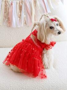 PETSIN Red Heart Mesh Princess Dress, Valentine's Day Costume/Outfit, Fits Cats And Dogs - Red - View 3