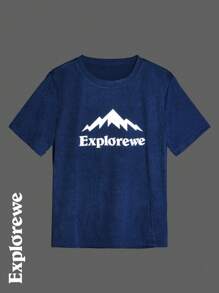 SHEIN Tween-Jungen 2-teiliges Set mit kurzärmligem Oberteil und Shorts mit Berg- und Buchstaben-Print - Blau - Übersicht 8