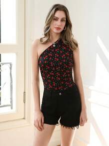 SHEIN EZwear Women's Cherry Print Patchwork Sleeveless Bodysuit - Multicolor - View 5