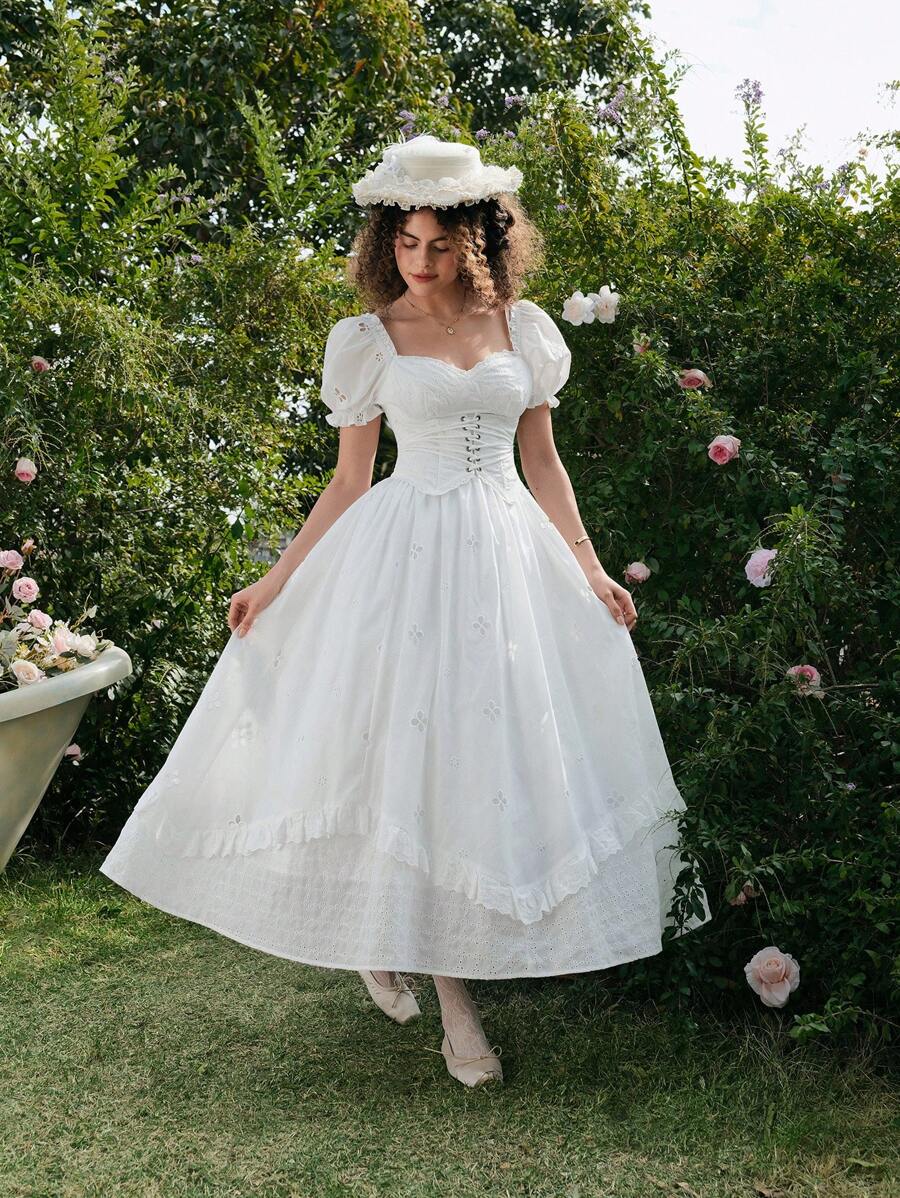 SHEIN MOD Vestido blanco con manga abullonada, volantes y bordado en la cintura - Blanco - Ver 1