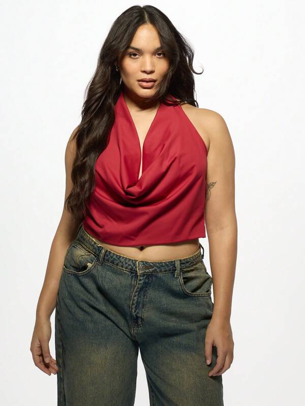 MISSGUIDED MISSGUIDED PLUS Plus Dimensiune Satin Cowl gât Halter Crop Top fără mâneci Party Club Seara purta Dressy vara moda bluza