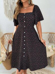 Flirla Vestido holgado con cintura ceñida, cuello cuadrado, mangas con volantes y estampado tejido para mujer de talla grande, ideal para vacaciones