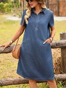 SHEIN LUNE Women Polo Collar Short Sleeve Pockets Straight Casual Denim Dress