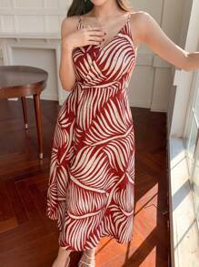 DAZY Mid-Length V-Neck Sling Split Hem Floral Print Dress For Women,Casual Women Dresses - Red - View 4