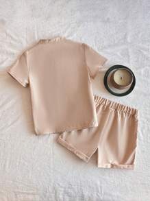 SHEIN Young Boys 2 Pieces Outfit: Loose Fit Crew Neck Sweatshirt In Apricot, Casual & Comfortable, Elastic Waist Shorts In Apricot, Simple & Stylish, Suitable For Outdoor Activities, Spring