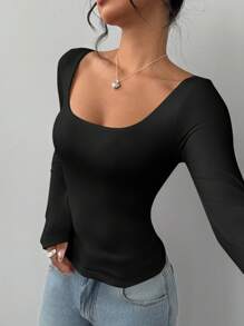 SHEIN BASICS Women's Casual Solid Color Knitted Fitted Long Sleeve Crew Neck Regular T-Shirt Playera Manga Larga Damawhite Top Long Sleevebasic Long Sleeve Tops - Black - View 9