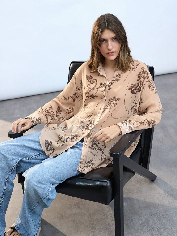 SHEIN Maija Women's Khaki Floral Print All-Match Chiffon Blouse, Modern Casual Bohemian Style, Loose Fit, Lightweight For Spring & Summer, Button Front, Suitable For Music Festivals, Cruises & Ibiza