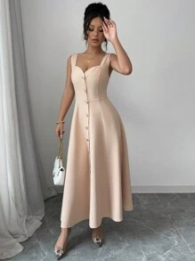 Elenzga Vestido elegante francés de mujer de corte princesa con cintura ceñida y espalda descubierta, para primavera y verano - Caqui - Ver 3