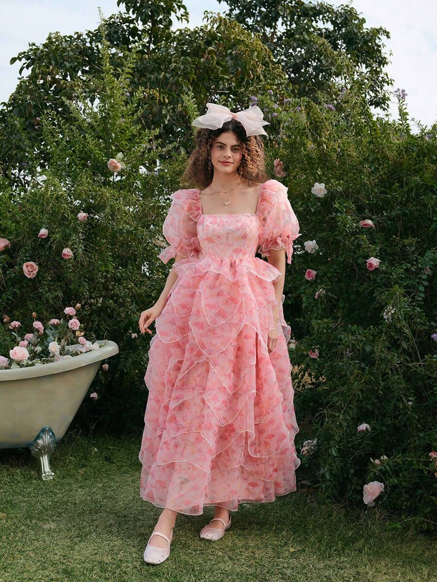 SHEIN MOD Women Pink Floral Mushroom Bow Maxi Dress,Summer Cottage Core Tea Party Wedding Guest Dress,Valentine's Day Beach Cruise Outfits,Gothic Western Wear - Multicolor - View 1