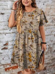 EMERY ROSE Casual & Eenvoudige Losse Ditsy Bloemen Ronde Hals Korte Mouw Plus Size Jurk, Geschikt Voor Herfst & Winter