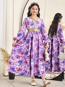 SHEIN Tween Girls Floral Print Gold Ribbon Flutter Sleeve Long Sleeve Dress - Purple - View 6