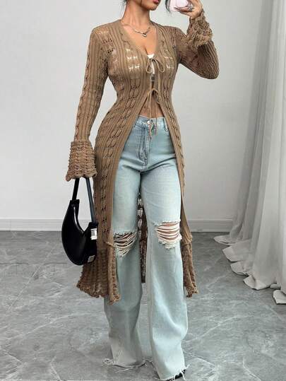 Selianne كاردجان طويل بأكمام طويلة وأساور عريضة مطرز ذو فتحة V عادي مناسب للنساء ، اللون بني ، للربيع والخريف