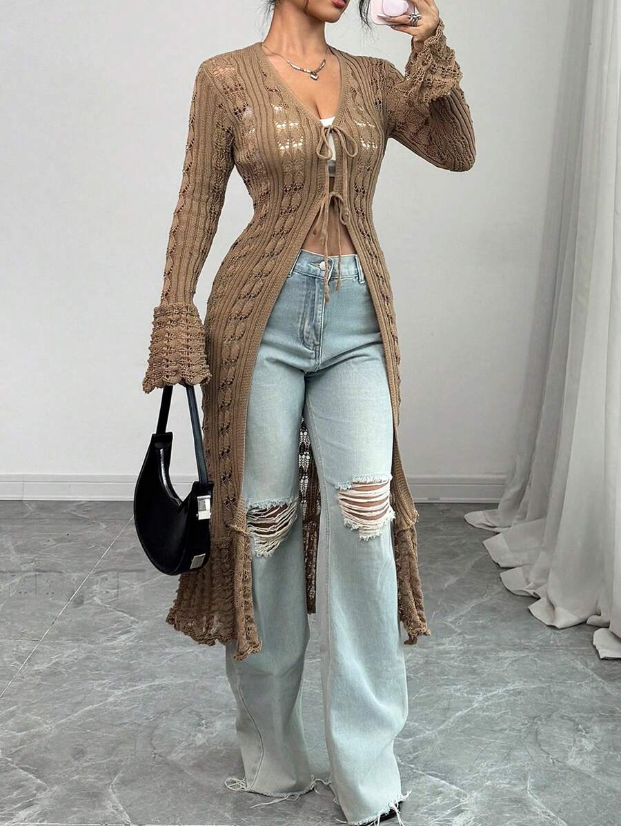 Selianne 女式休闲修身 V 领长袖针织喇叭袖口长款开衫，棕色，春秋季