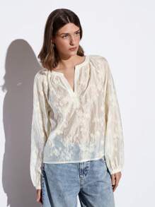 SHEIN Maija 2025 夏季新款奶油黄色欧根纱刺绣透明 V 领灯笼袖休闲衬衫，浪漫都市度假装，适合户外聚会、婚礼、毕业派对、女士上衣 - 杏色 - 查看 6