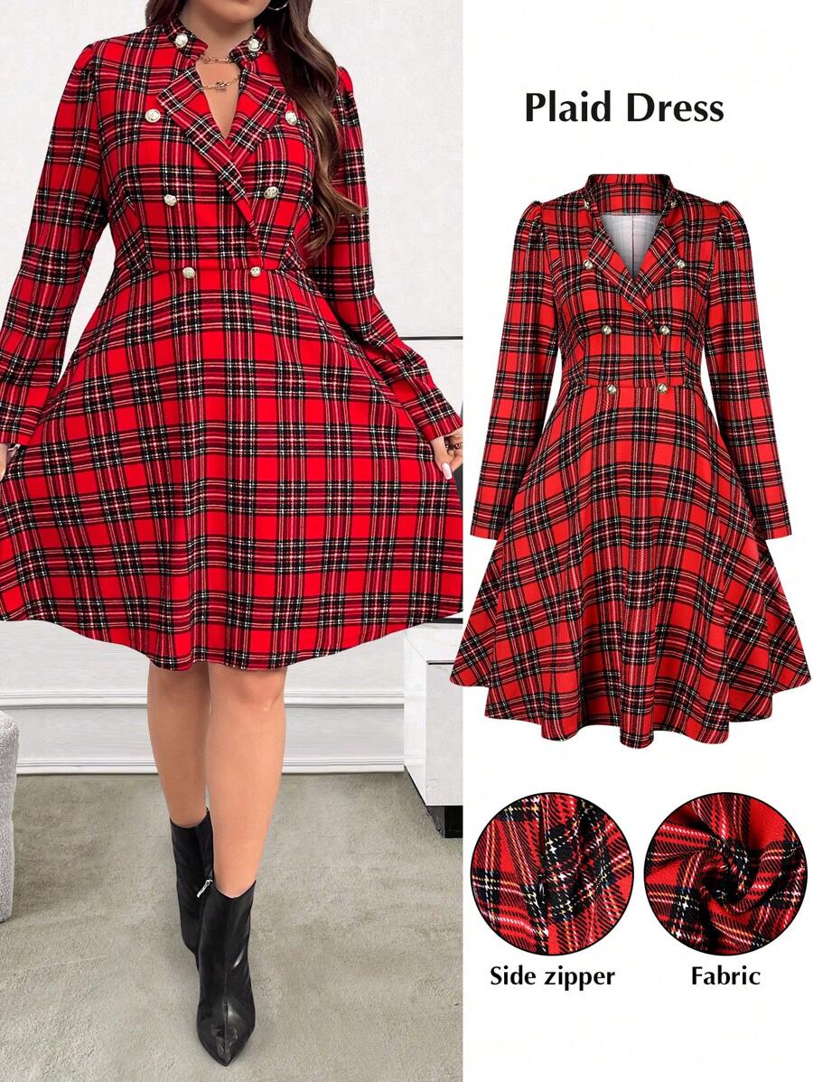 SHEIN LUNE Plus Size Plaid Print Double Breasted Elegant Long Sleeve Dress For New Year Clothes Fall Cloth For Women