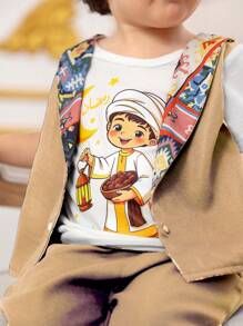 男婴复古图案印花翻领斋月斋月长袍背心 - 卡其色 - 查看 2