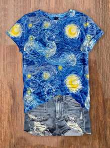 SHEIN LUNE Casual Minimalist Oil Painting Starry Sky Print Round Neck Loose Fit Women Short Sleeve T-Shirt,Sz2501101609636785 - White - View 4