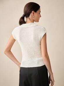 BizChic Women's Solid Color Polo Neck Short Sleeve Knit Top - White - View 4