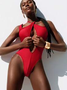 Lumivelle Women's Solid Color Hollow Out Halter One-Piece Swimsuit, For Summer Beach Vacation - Red - View 7