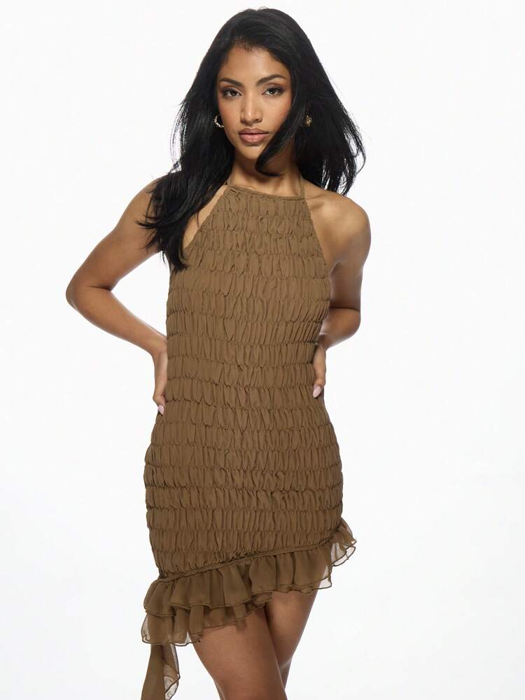 MISSGUIDED Smocked Bodycon Mini Dress Ruffle Hem Asymmetric Party Evening Summer Halter Neck Fitted Special Occasion Night Out Fashion