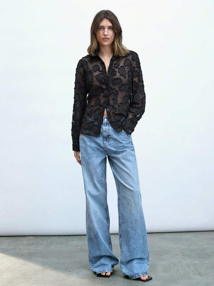 SHEIN Maija Women's Black Semi-Sheer Texture Button Front Long Sleeve Shirt, Casual Daily Wear Loose Blouse Going Out