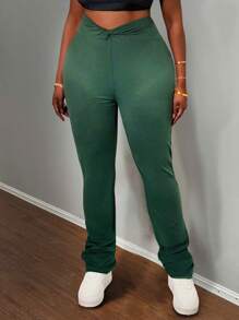Slaydiva Nuevas mallas ajustadas de talla grande para mujer 2025 Curve con detalles retorcidos en color verde sólido, para uso casual/deportivo/al aire libre