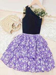 2pcs/Set Teen Girls Black Asymmetric Open Shoulder Tank Top And Ditsy Floral Skirt Set, Active - Black - View 1