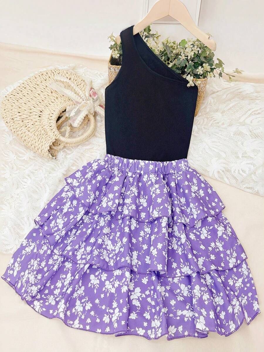 2pcs/Set Teen Girls Black Asymmetric Open Shoulder Tank Top And Ditsy Floral Skirt Set, Active - Black - View 1